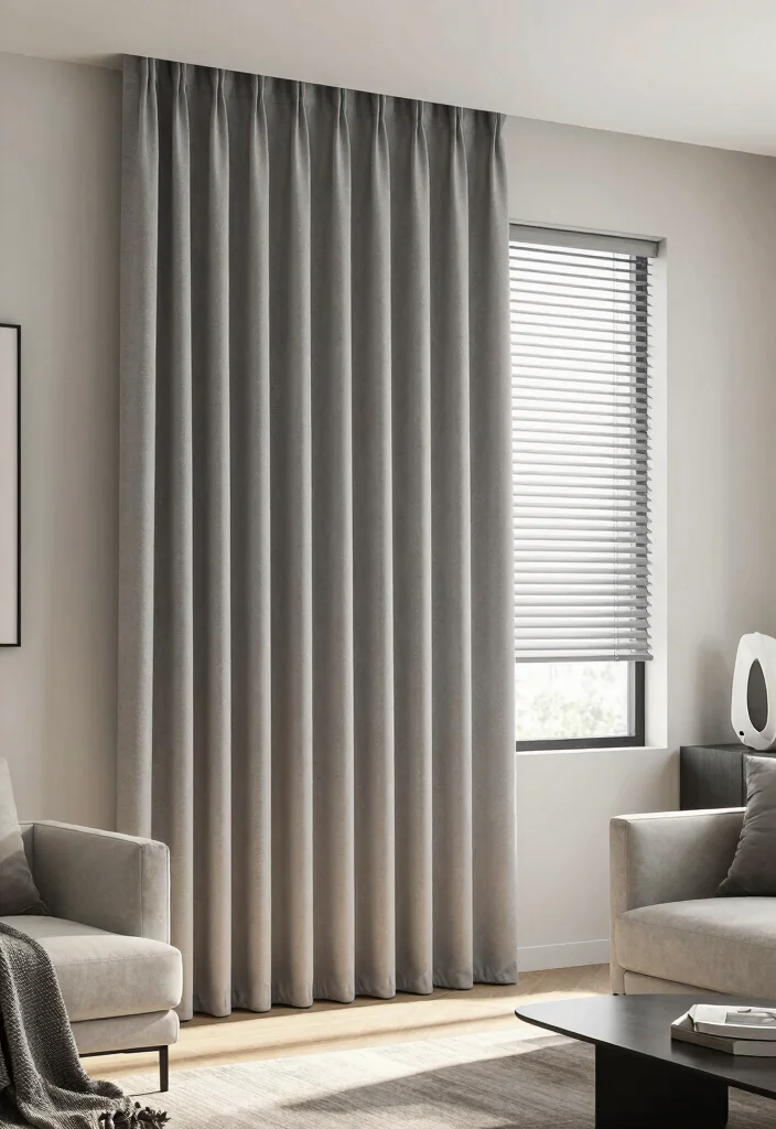 12 Living Room Curtain Ideas with Blinds Combined 9. Modern Canvas Curtains with Smart Blinds 0
