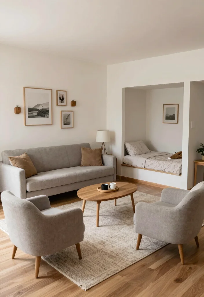 12 Minimalist Small Living Room Ideas That Feel Calm 11. Create Zones in a Small Space 0