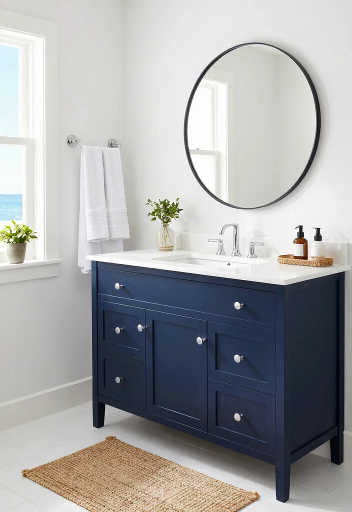 12 Navy Vanity Bathroom Ideas for a Classic Nautical Look 1. Classic Navy and White Combo 0