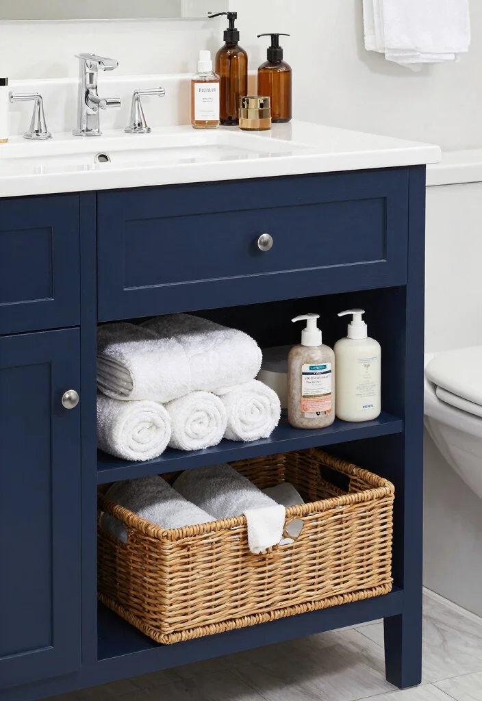 12 Navy Vanity Bathroom Ideas for a Classic Nautical Look 10. Functional Storage Solutions 0
