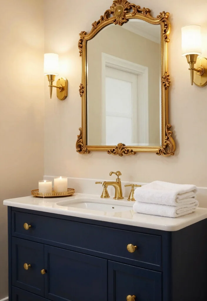 12 Navy Vanity Bathroom Ideas for a Classic Nautical Look 2. Navy with Gold Accents 0