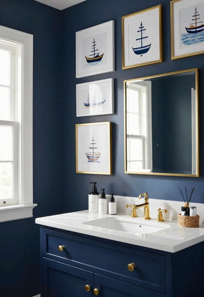 12 Navy Vanity Bathroom Ideas for a Classic Nautical Look 9. Scenic Artwork 0
