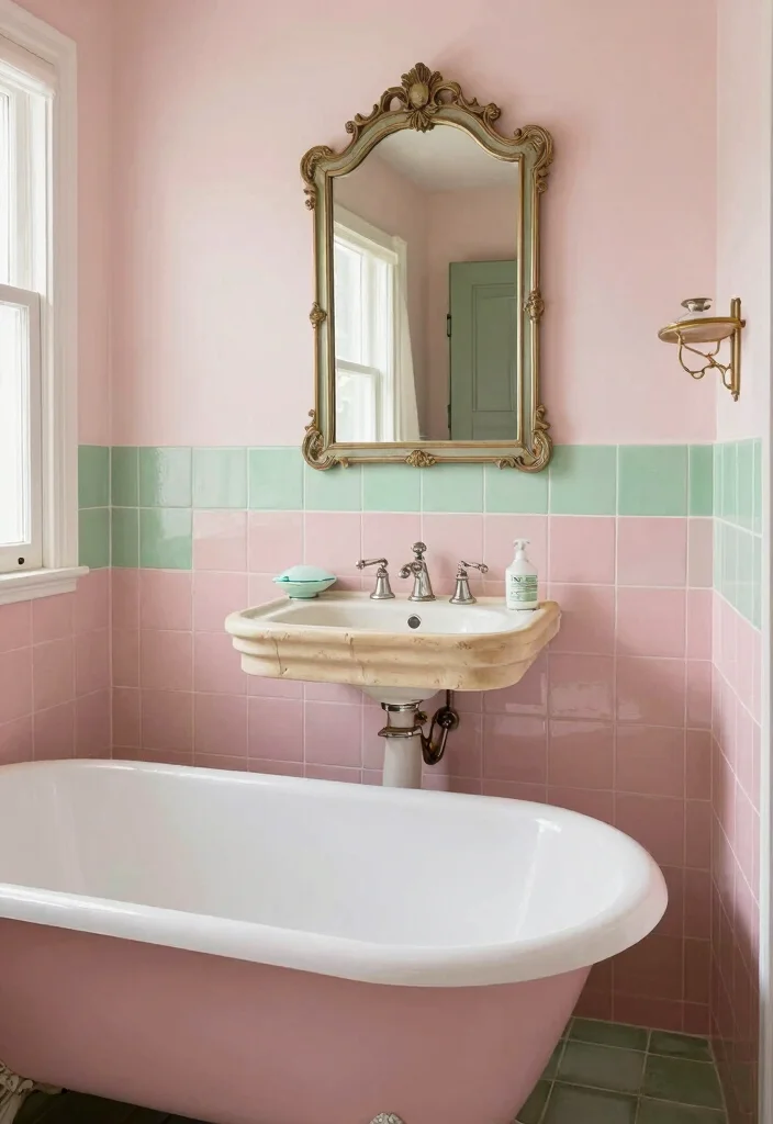 12 Pastel Bathroom Ideas for a Light Playful Look 11. Vintage Pastel Charm 0
