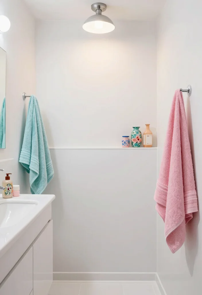 12 Pastel Bathroom Ideas for a Light Playful Look 12. Pastel Accents with White Base 0