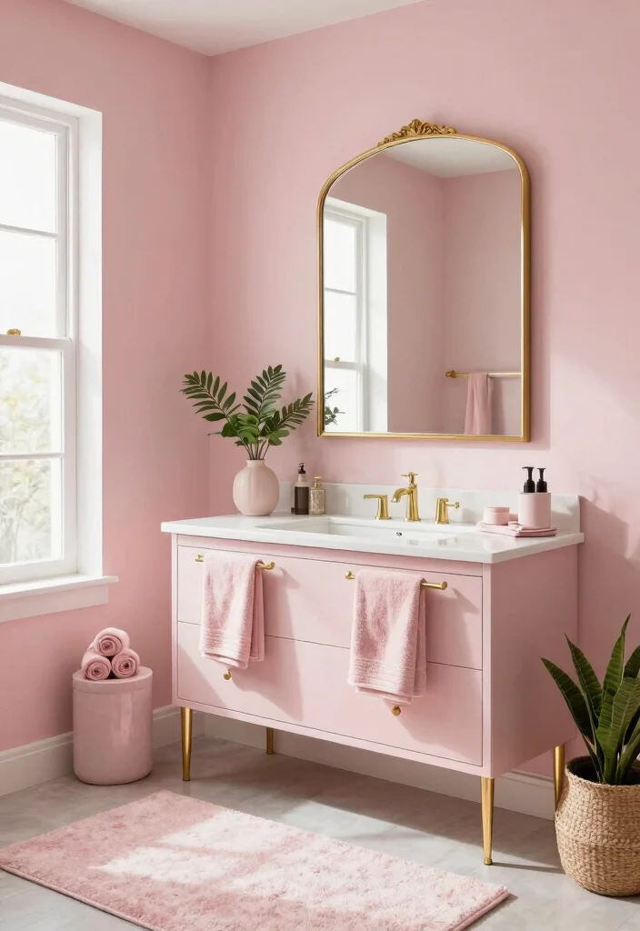 12 Pastel Bathroom Ideas for a Light Playful Look 8. Blush Pink and Gold 0