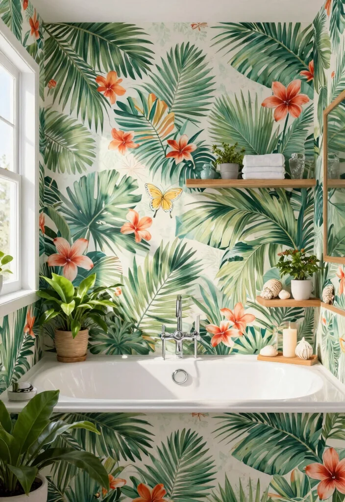 12 Peel and Stick Bathroom Wallpaper Ideas That Actually Work 1 12 Peel and Stick Bathroom Wallpaper Ideas That Actually Work 1. Lush Tropical Vibes 0