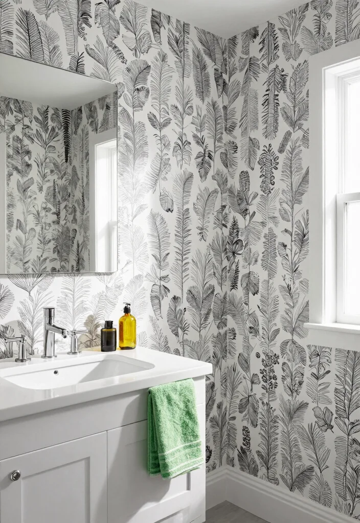 12 Peel and Stick Bathroom Wallpaper Ideas That Actually Work 37 12 Peel and Stick Bathroom Wallpaper Ideas That Actually Work 7. Monochrome Sophistication 0