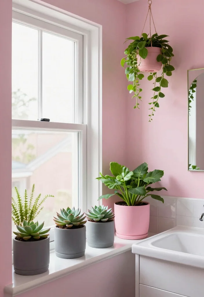12 Pink and Gray Bathroom Ideas for Soft Modern Contrast 10. Smart Use of Plants for Freshness 0