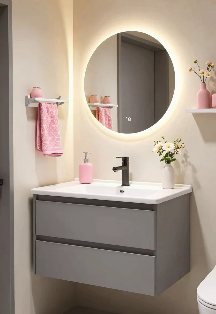 12 Pink and Gray Bathroom Ideas for Soft Modern Contrast 2. Gray Vanity with Pink Accents 0