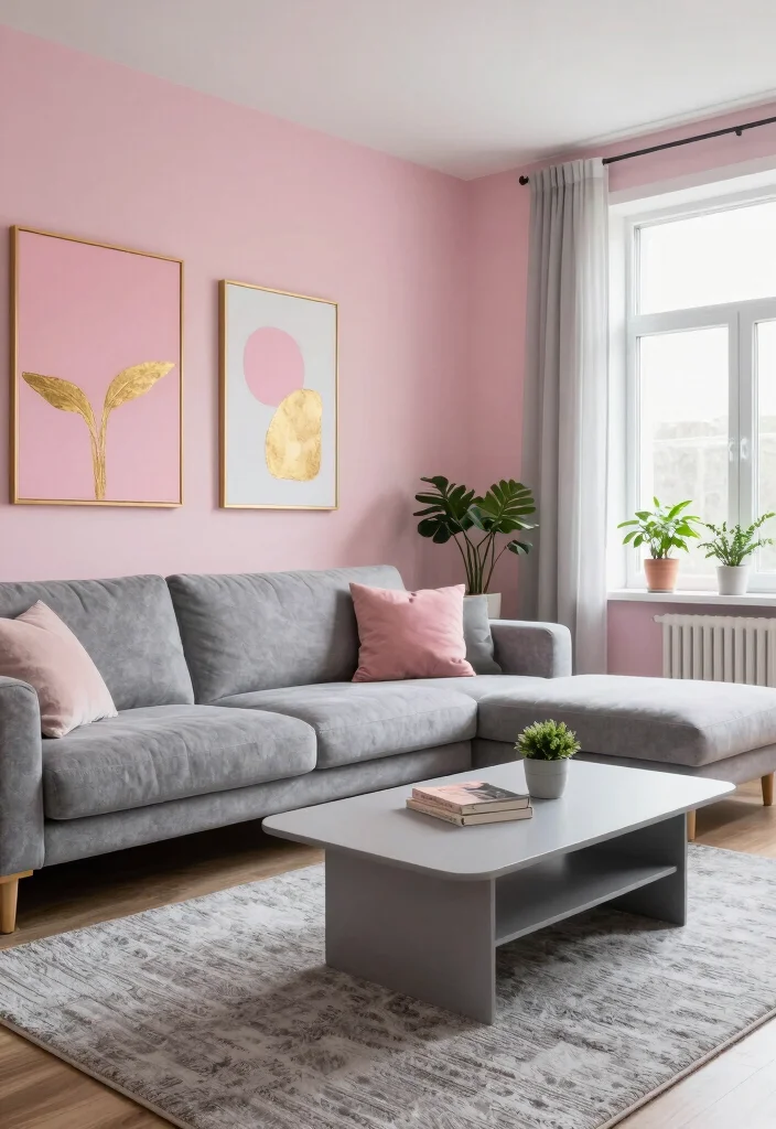 12 Pink and Grey Living Room Ideas with Soft Balance 1 12 Pink and Grey Living Room Ideas with Soft Balance 1. Soft Pink Walls with Grey Accents 0