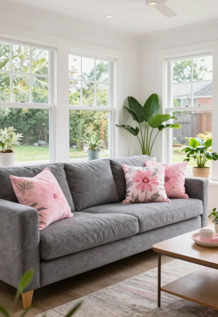 12 Pink and Grey Living Room Ideas with Soft Balance 50 12 Pink and Grey Living Room Ideas with Soft Balance 10. Outdoor Inspired Pink and Grey 0