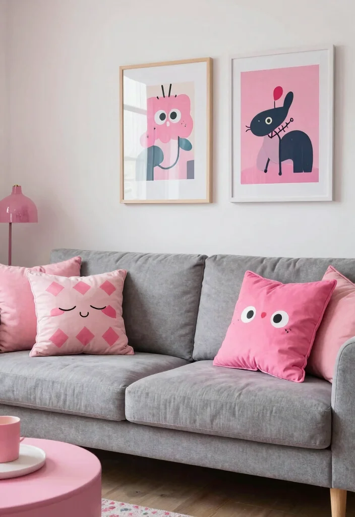 12 Pink and Grey Living Room Ideas with Soft Balance 62 12 Pink and Grey Living Room Ideas with Soft Balance 12. Playful Accessories in Pink and Grey 0