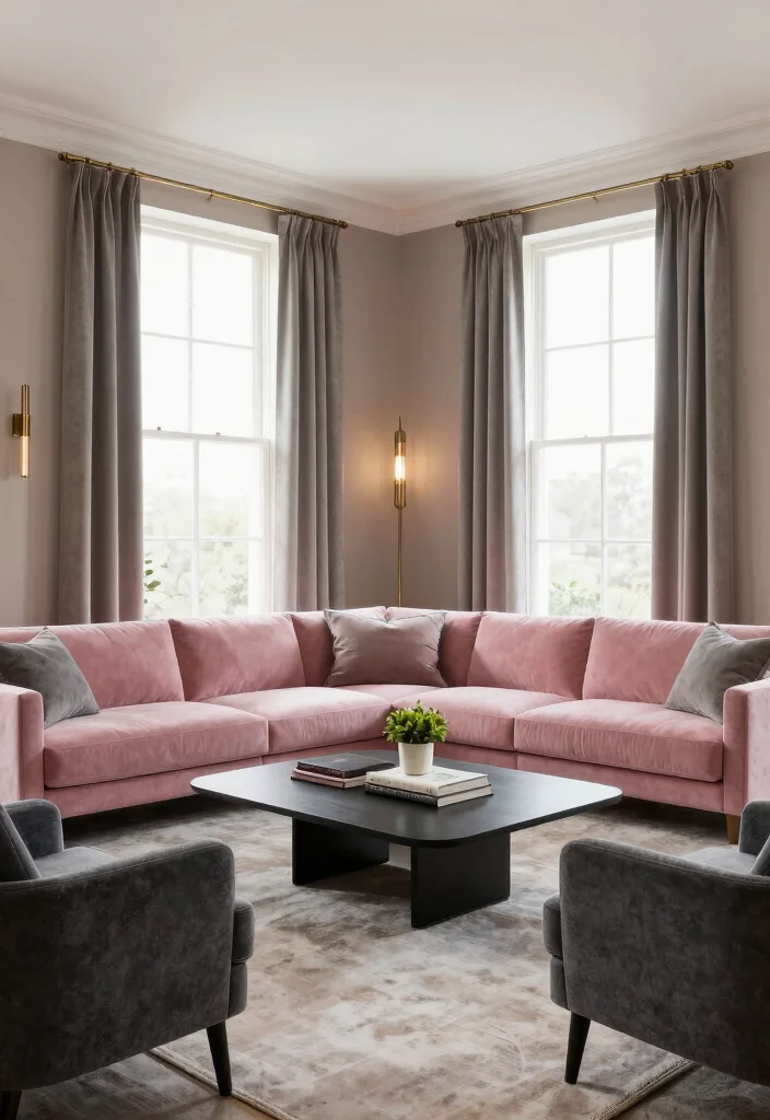 12 Pink and Grey Living Room Ideas with Soft Balance 13 12 Pink and Grey Living Room Ideas with Soft Balance 3. Muted Pink and Charcoal Grey Combo 0