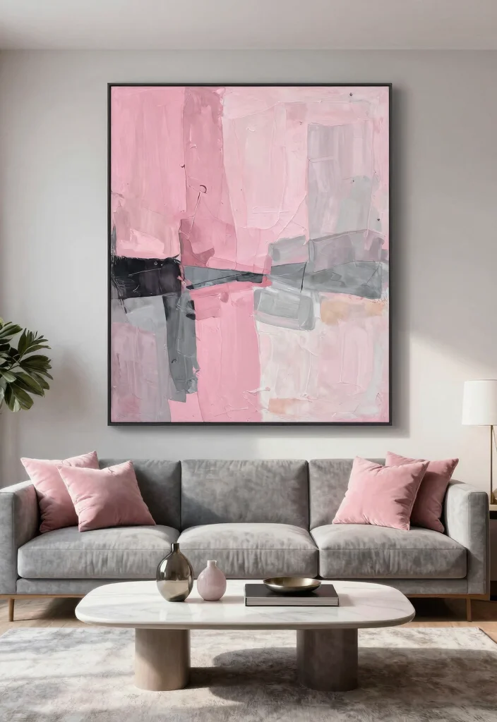 12 Pink and Grey Living Room Ideas with Soft Balance 25 12 Pink and Grey Living Room Ideas with Soft Balance 5. Artistic Touch with Pink and Grey 0