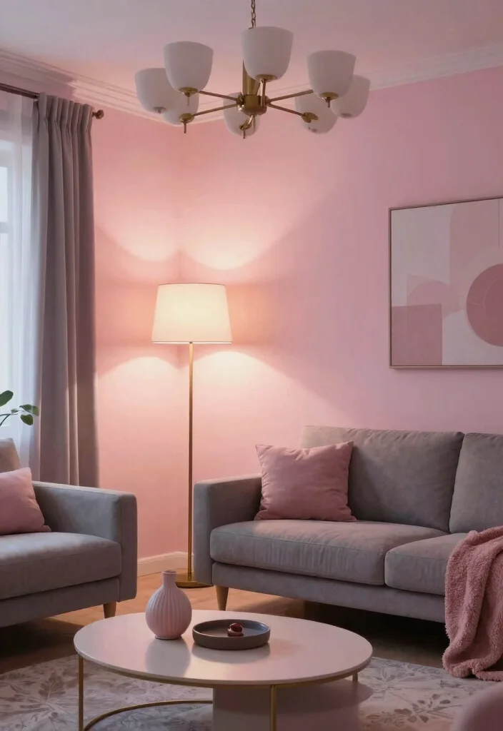 12 Pink and Grey Living Room Ideas with Soft Balance 39 12 Pink and Grey Living Room Ideas with Soft Balance 9. Layered Lighting with Pink and Grey 0