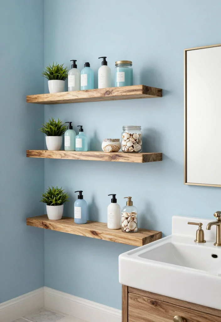 12 Pool House Bathroom Ideas for Easy Clean Coastal Style 2. Functional Floating Shelves 0