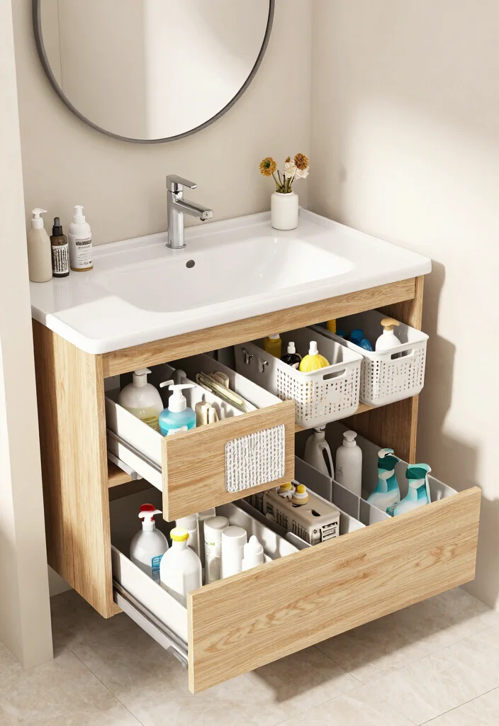 12 Pool House Bathroom Ideas for Easy Clean Coastal Style 3. Smart Storage Solutions Under the Sink 0