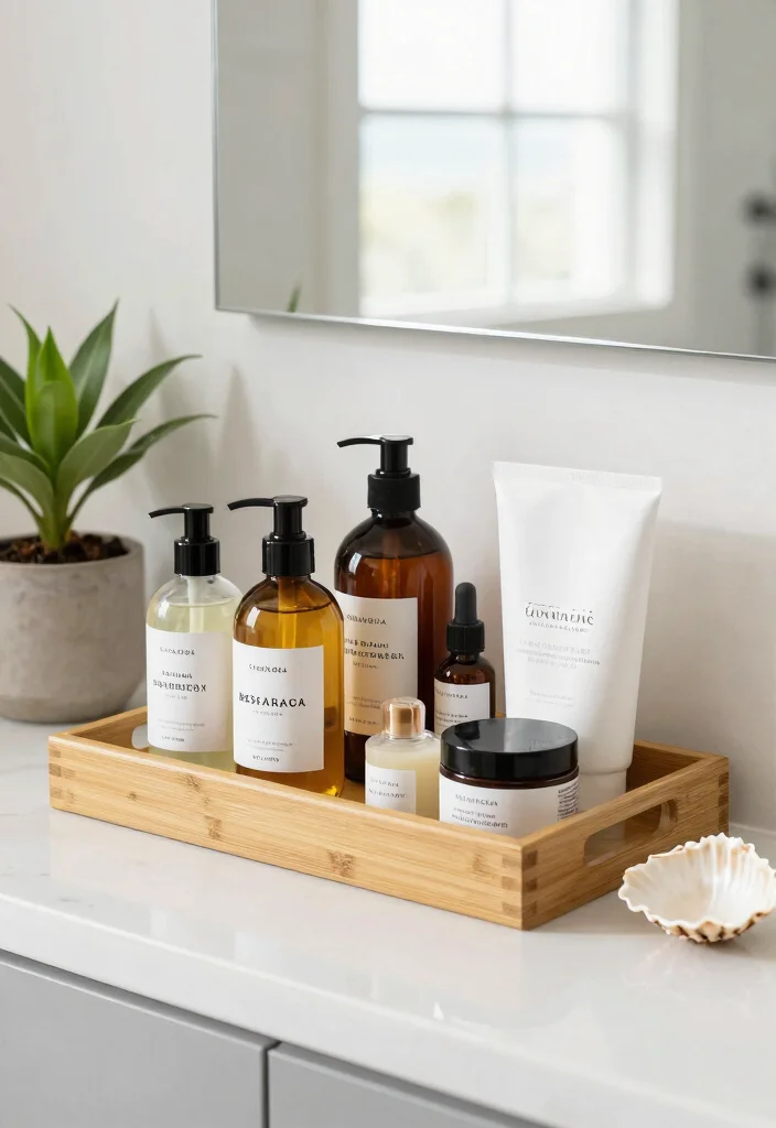 12 Pool House Bathroom Ideas for Easy Clean Coastal Style 9. Organizing Bath Products with Trays 0