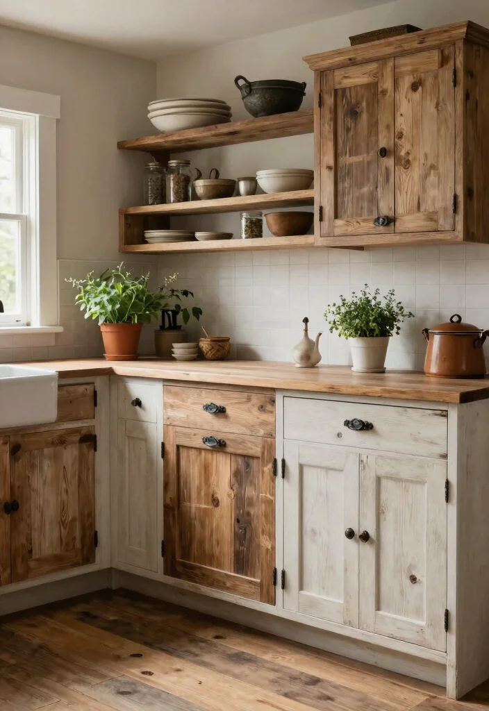 12 Primitive Kitchen Ideas with Rustic Character 1. Reclaimed Wood Cabinets 0