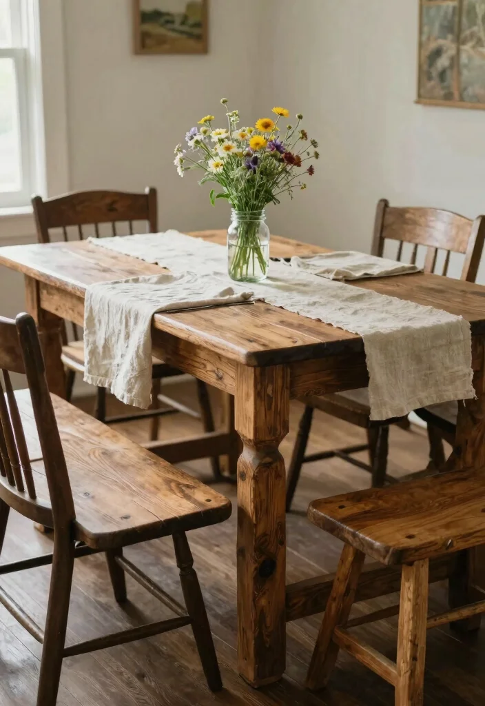 12 Primitive Kitchen Ideas with Rustic Character 6. Farmhouse Dining Table 0