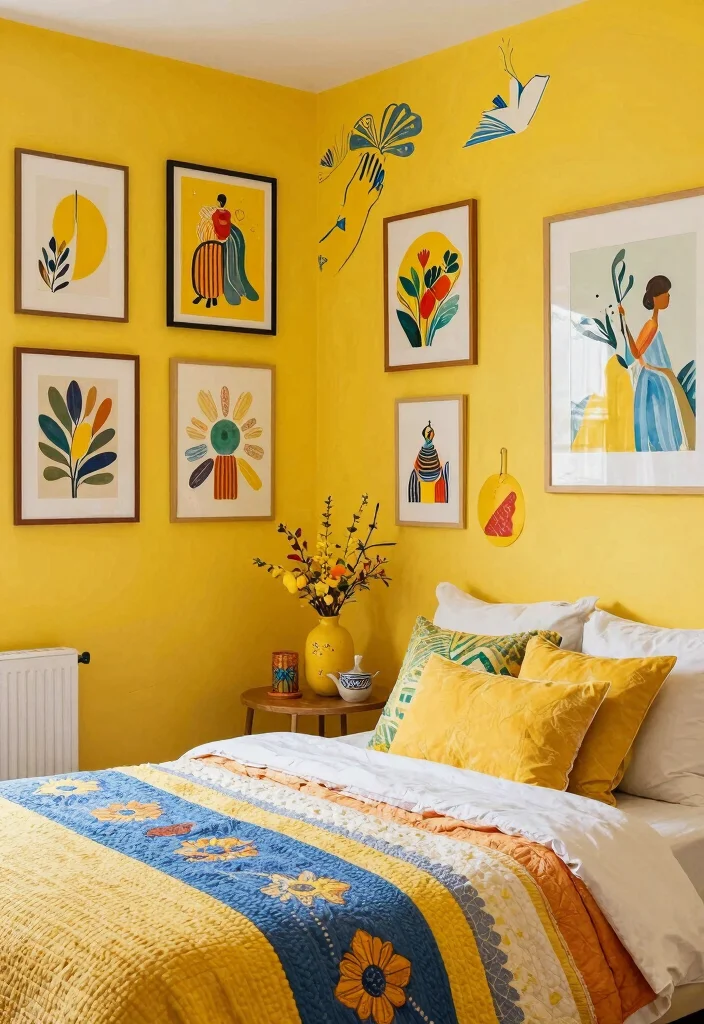12 Yellow Wall Bedroom Ideas for a Bright Look 12. Artistic Yellow Expressions 0