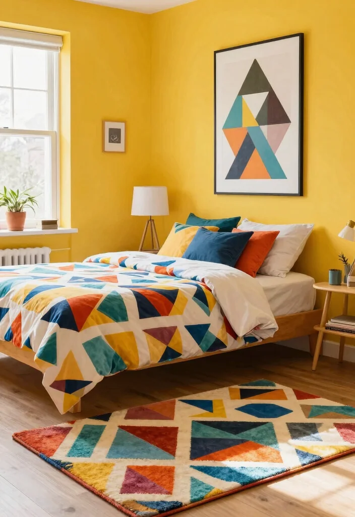 12 Yellow Wall Bedroom Ideas for a Bright Look 8. Bright Geometric Patterns 0