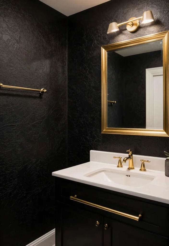14 Black and Gold Bathroom Ideas for a Luxe Statement 1. Glamorous Black Wall Treatments 0