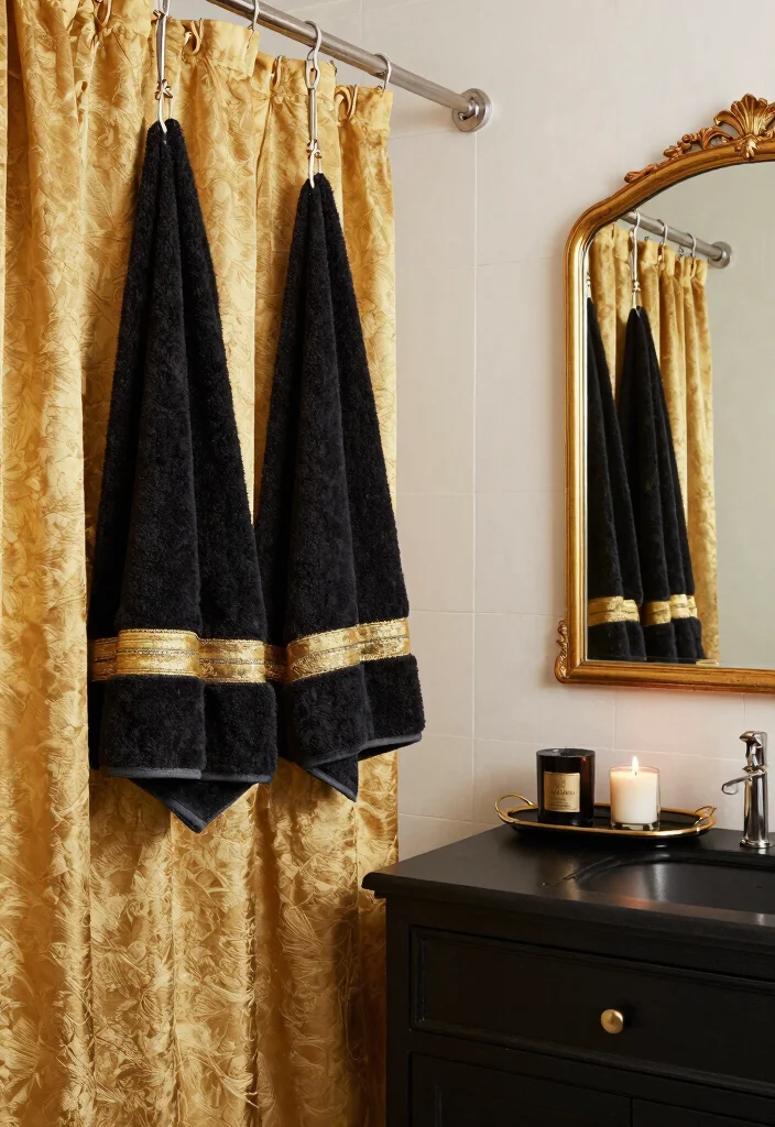 14 Black and Gold Bathroom Ideas for a Luxe Statement 5. Opulent Textiles and Accessories 0