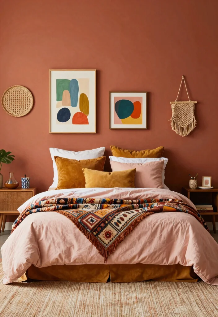 14 Boho Master Bedroom Ideas with Texture and Warmth 3. Vibrant Warm Color Palettes 0