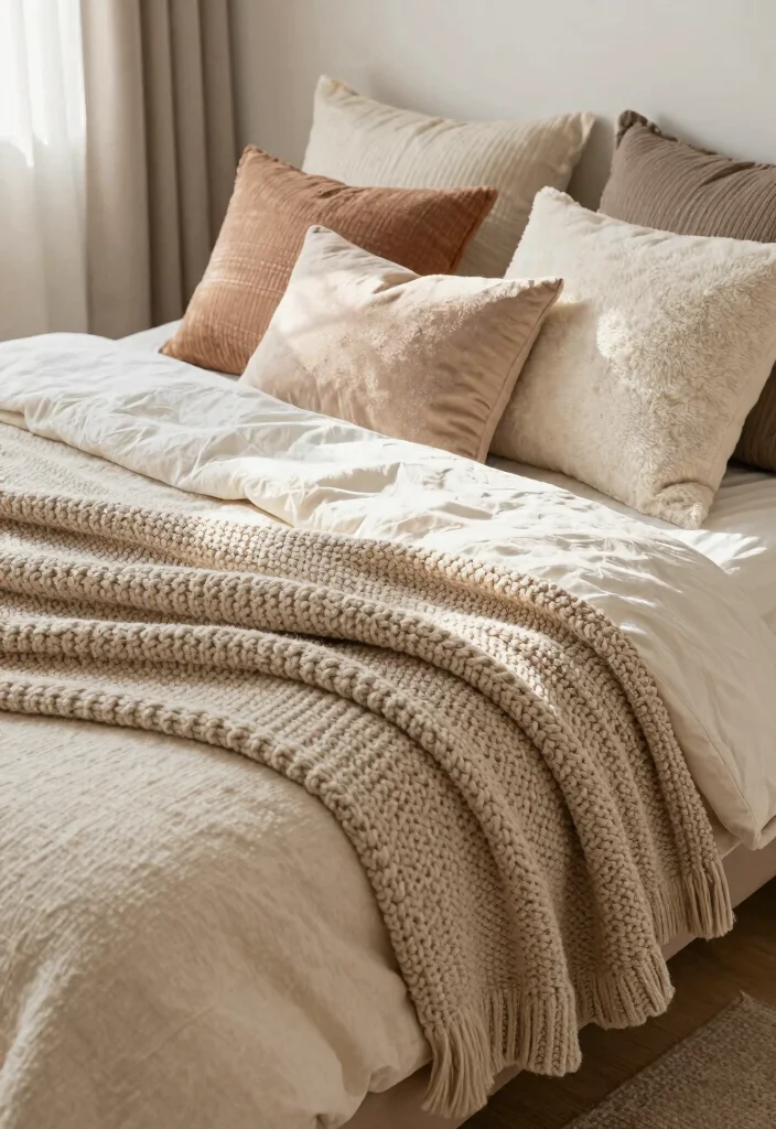 14 Cozy Aesthetic Bedroom Ideas with Soft Layers 12. Warm Throws and Cushions 0