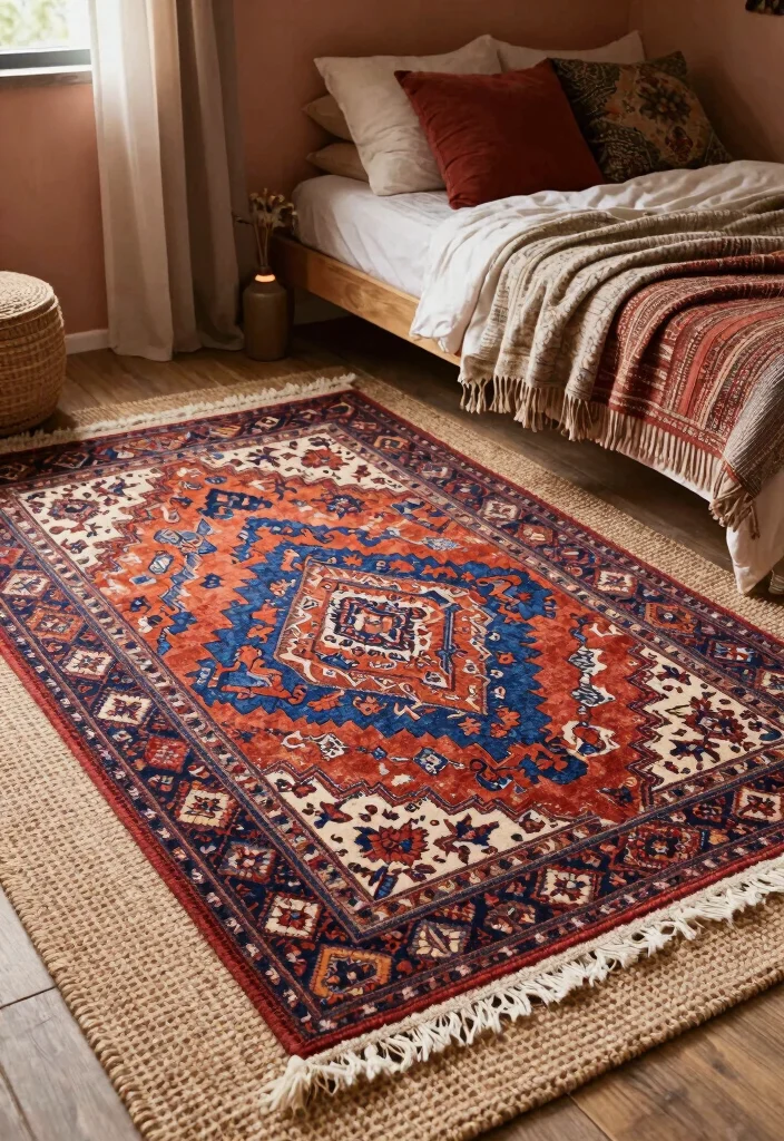 14 Cozy Aesthetic Bedroom Ideas with Soft Layers 5. Layered Rugs for Warmth 0