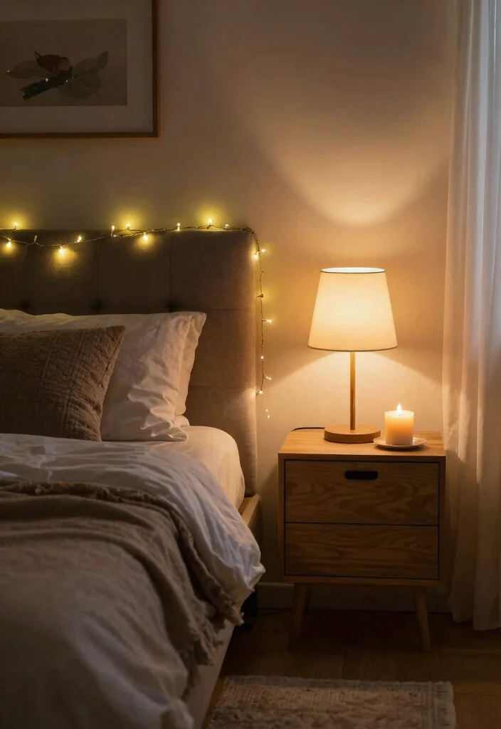14 Cozy Aesthetic Bedroom Ideas with Soft Layers 7. Soft Lighting Options 0