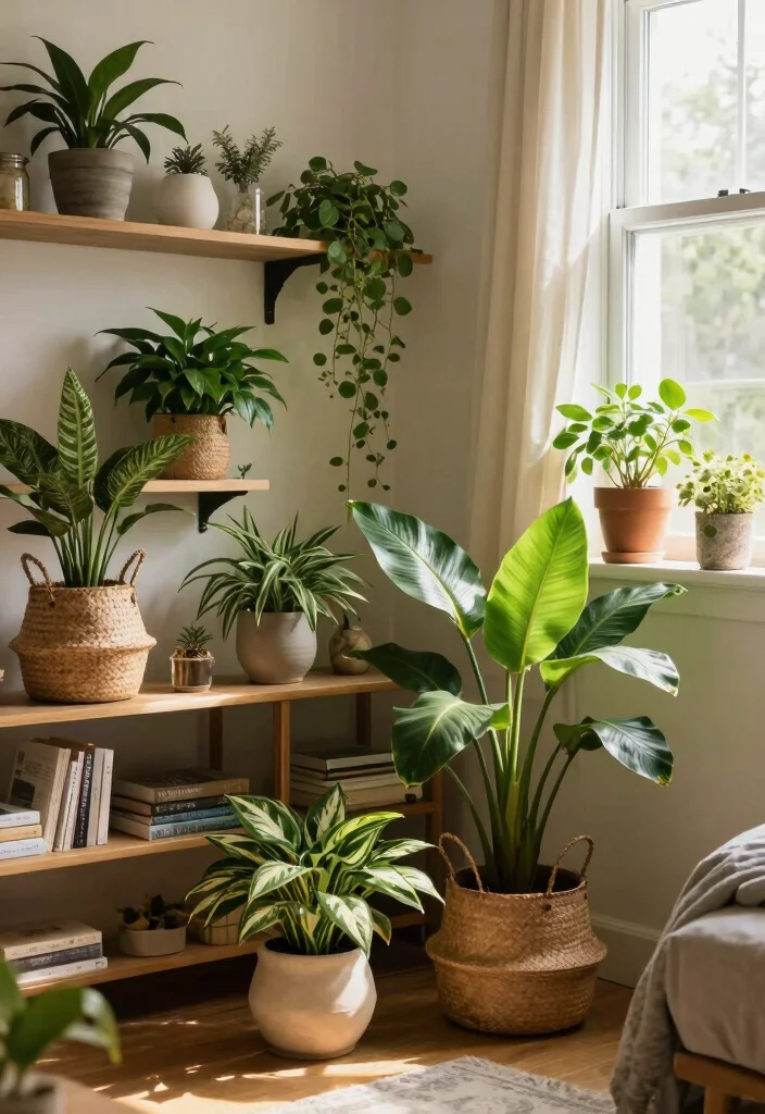 14 Cozy Aesthetic Bedroom Ideas with Soft Layers 8. Lush Greenery 0