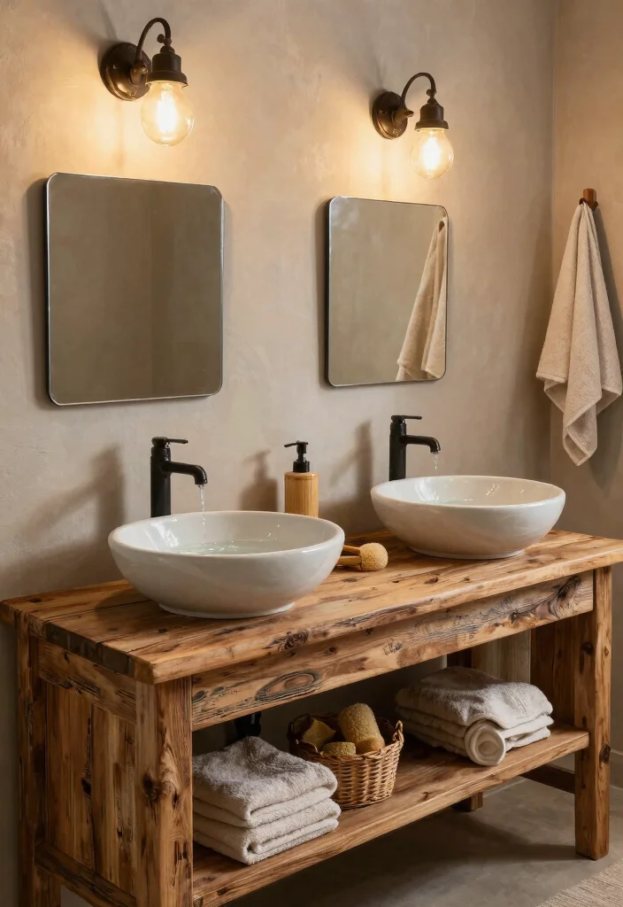 14 Double Bathroom Vanity Ideas for Shared Daily Routines 1. Rustic Elegance with Reclaimed Wood 0