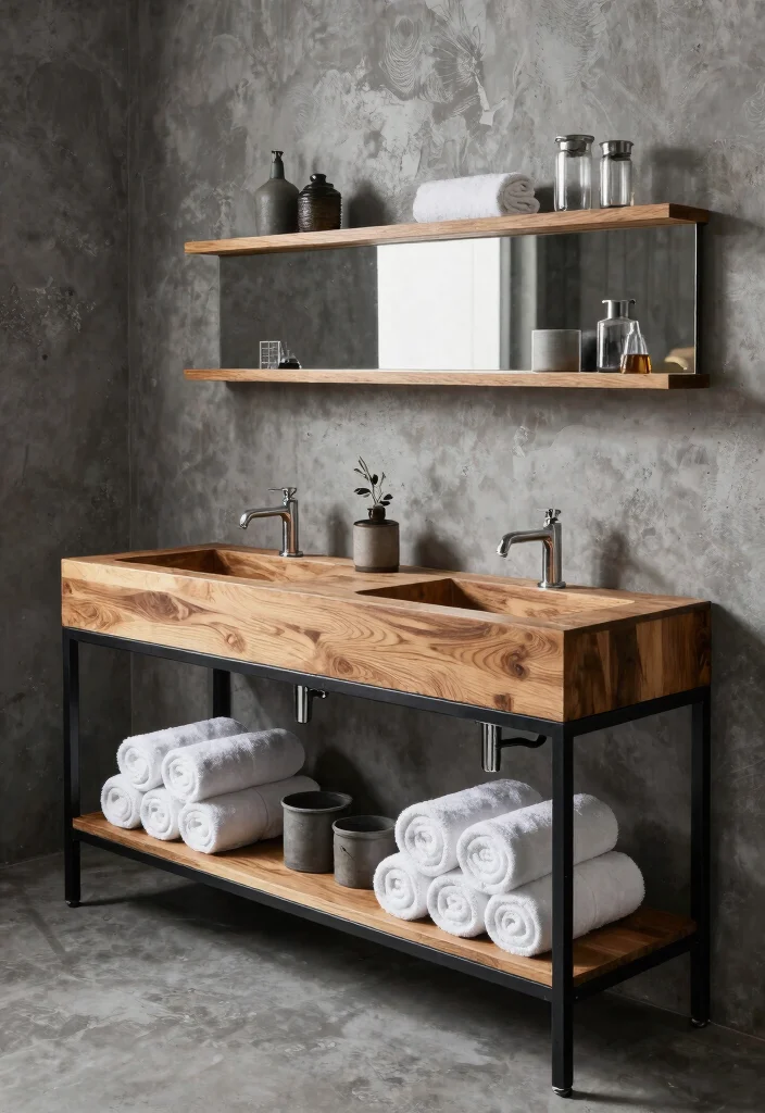 14 Double Bathroom Vanity Ideas for Shared Daily Routines 5. Industrial Edge with Metal and Wood 0