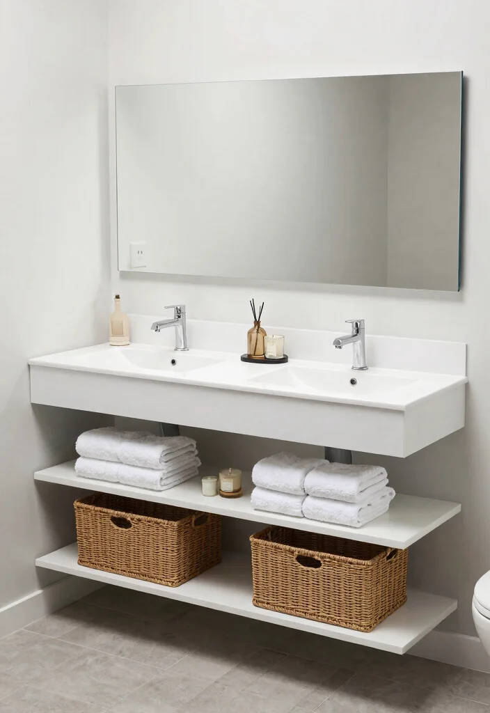 14 Double Bathroom Vanity Ideas for Shared Daily Routines 7. Open Shelving for Stylish Organization 0