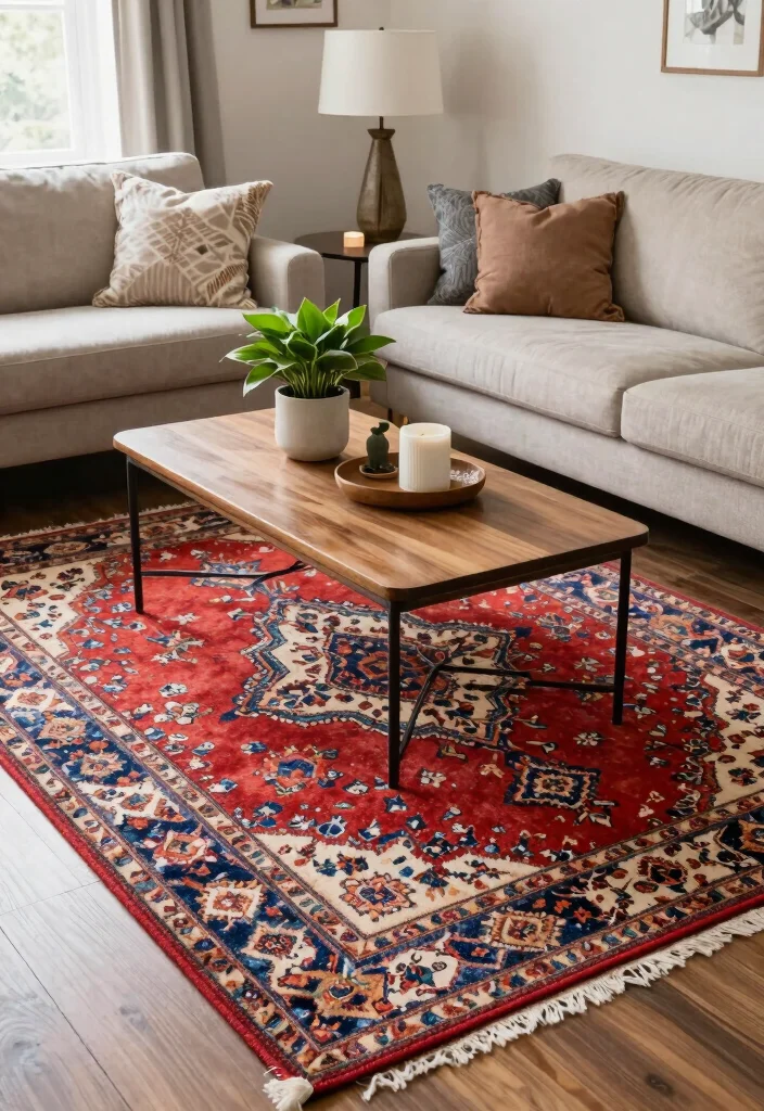 14 Home Living Room Decor Ideas for Everyday Style 10. Statement Rugs for a Pop of Color 0