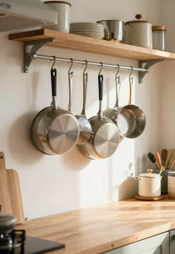 14 Kitchen Space Saving Ideas That Actually Work 3. Hang Pots and Pans 0