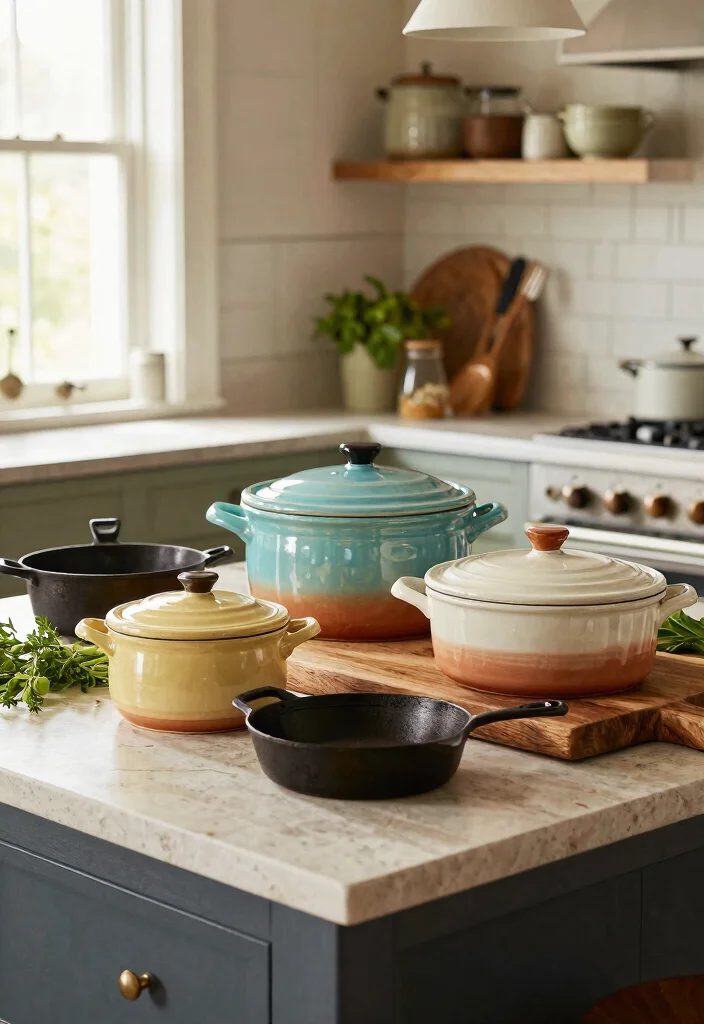 14 Large Kitchen Island Decor Ideas for a Styled Look 10. Artisanal Cookware Display 0