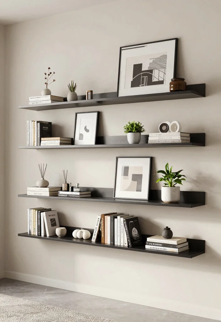 14 Living Room Focal Wall Ideas That Draw Attention 11. Floating Shelves and Art 0