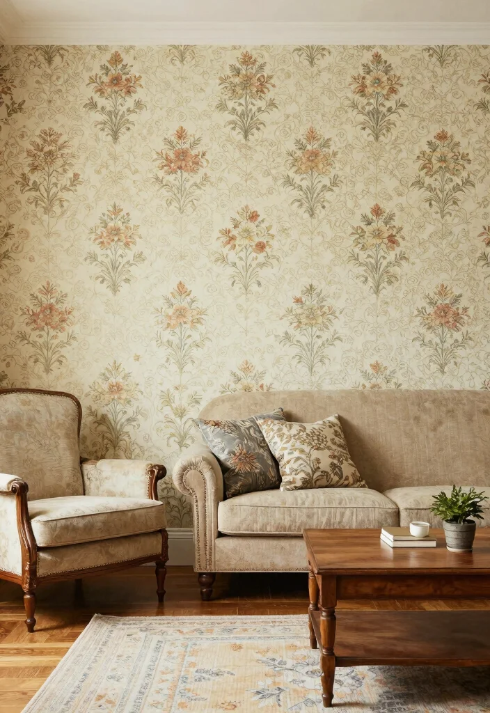 14 Living Room Focal Wall Ideas That Draw Attention 5. Vintage Wallpaper 0