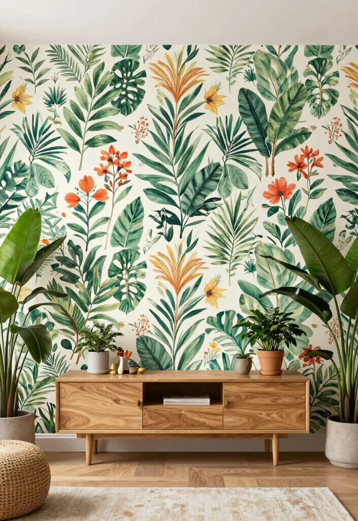 14 Living Room Focal Wall Ideas That Draw Attention 8. Botanical Print Wallpaper 0