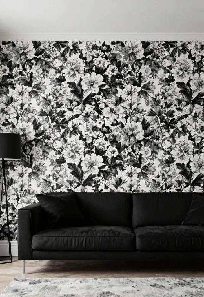 14 Living Room Wallpaper Ideas That Make a Statement 11. Monochrome Floral Designs 0