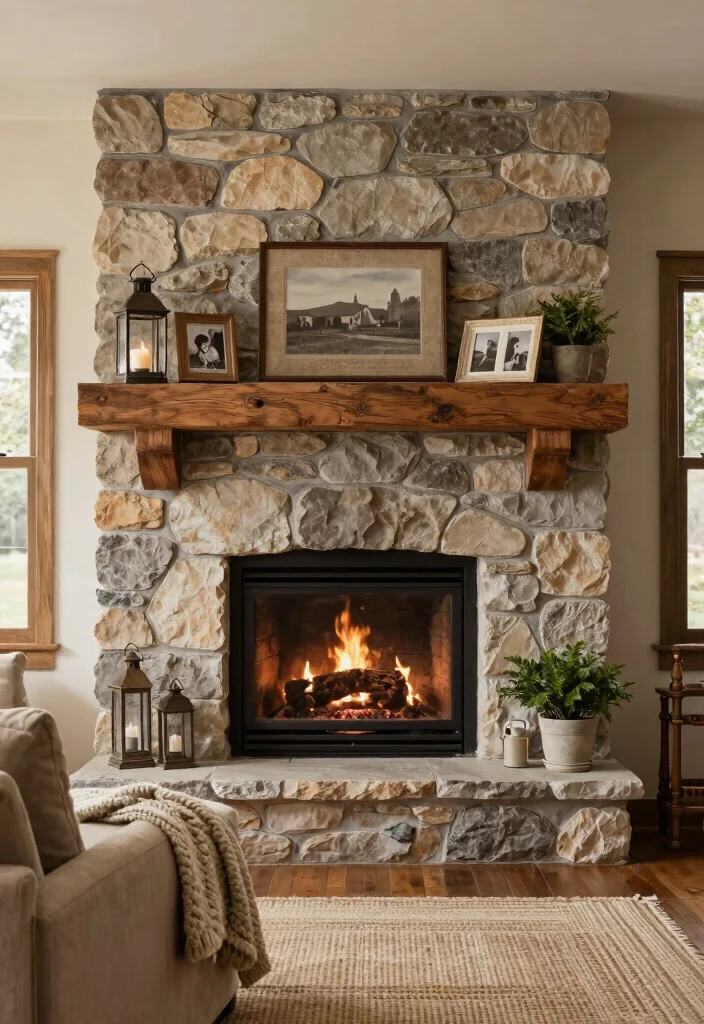 14 Rustic Fireplace Living Room Ideas with Cozy Charm 1. Elegant Stone Surround 0