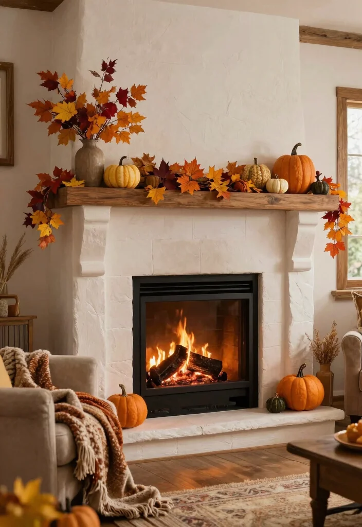 14 Rustic Fireplace Living Room Ideas with Cozy Charm 10. Seasonal Decor 0
