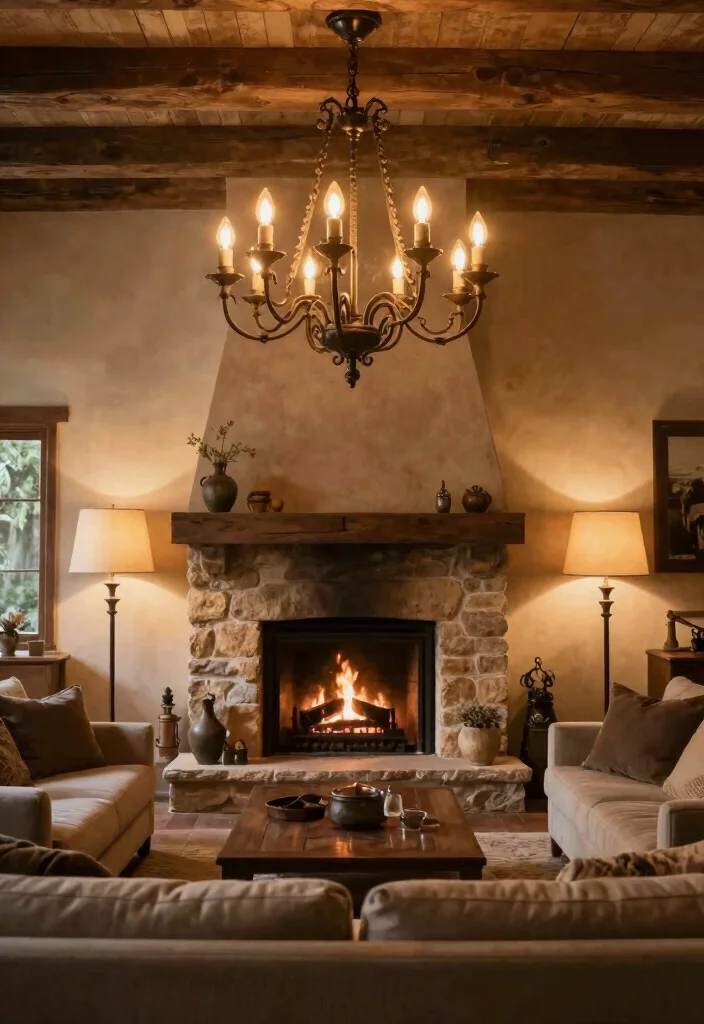 14 Rustic Fireplace Living Room Ideas with Cozy Charm 12. Statement Lighting 0