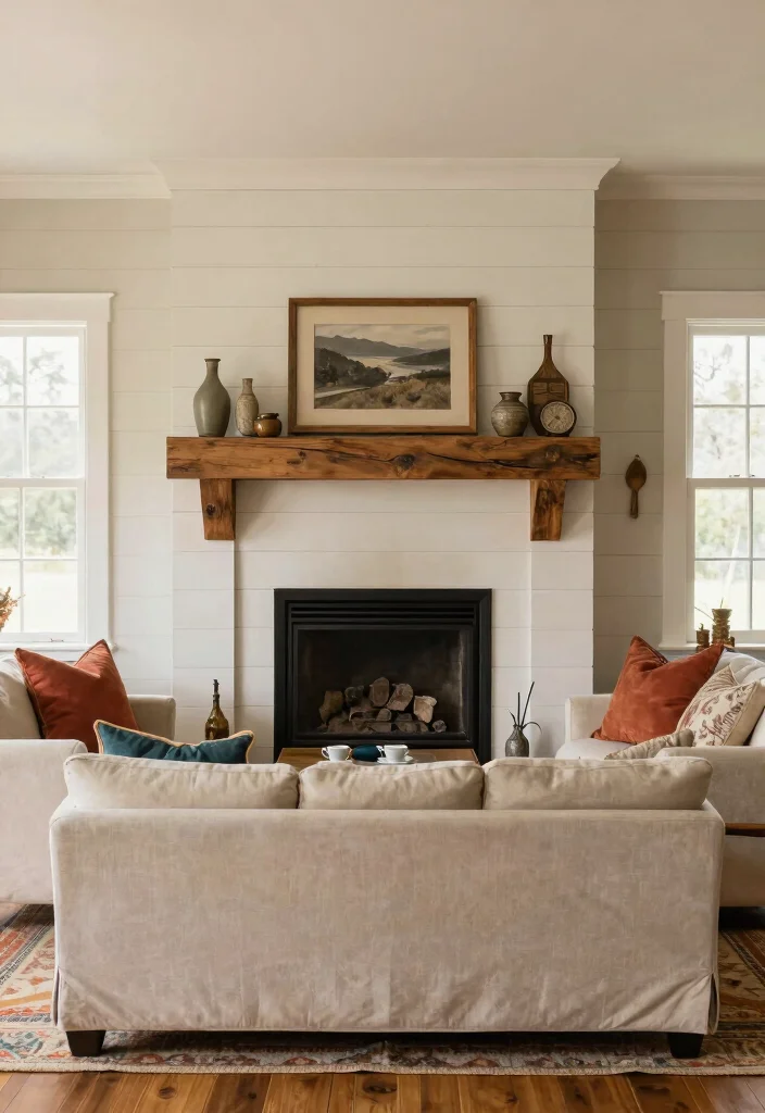 14 Rustic Fireplace Living Room Ideas with Cozy Charm 2. Farmhouse Flair 0