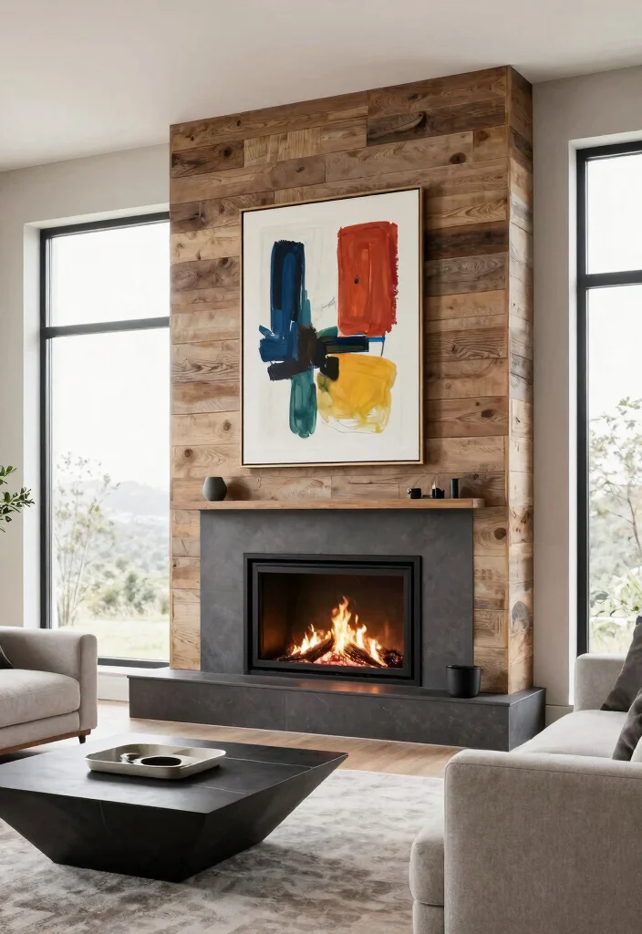 14 Rustic Fireplace Living Room Ideas with Cozy Charm 3. Modern Meets Rustic 0