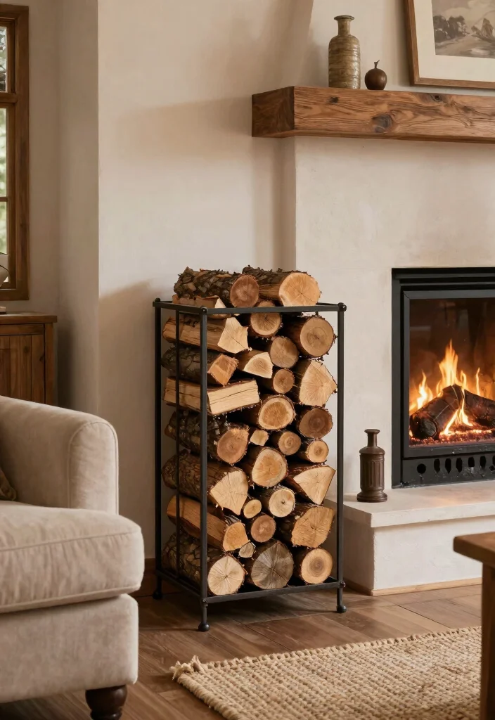 14 Rustic Fireplace Living Room Ideas with Cozy Charm 9. Colorful Firewood Storage 0